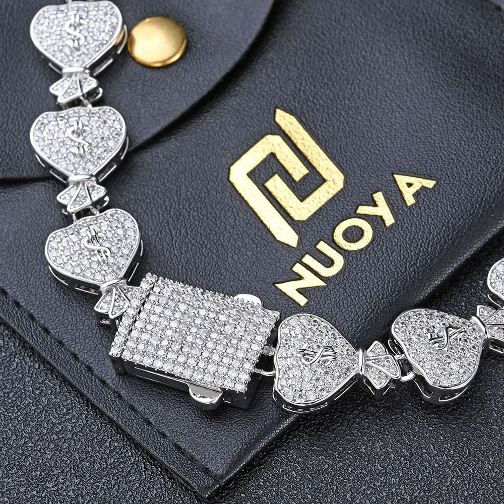 Hip Hop Rapper Jewelry Iced $ Money Bag Necklace Micro Pave CZ Zirconia USD Money Bag Cuban Chain Necklace for Men Women ﻿