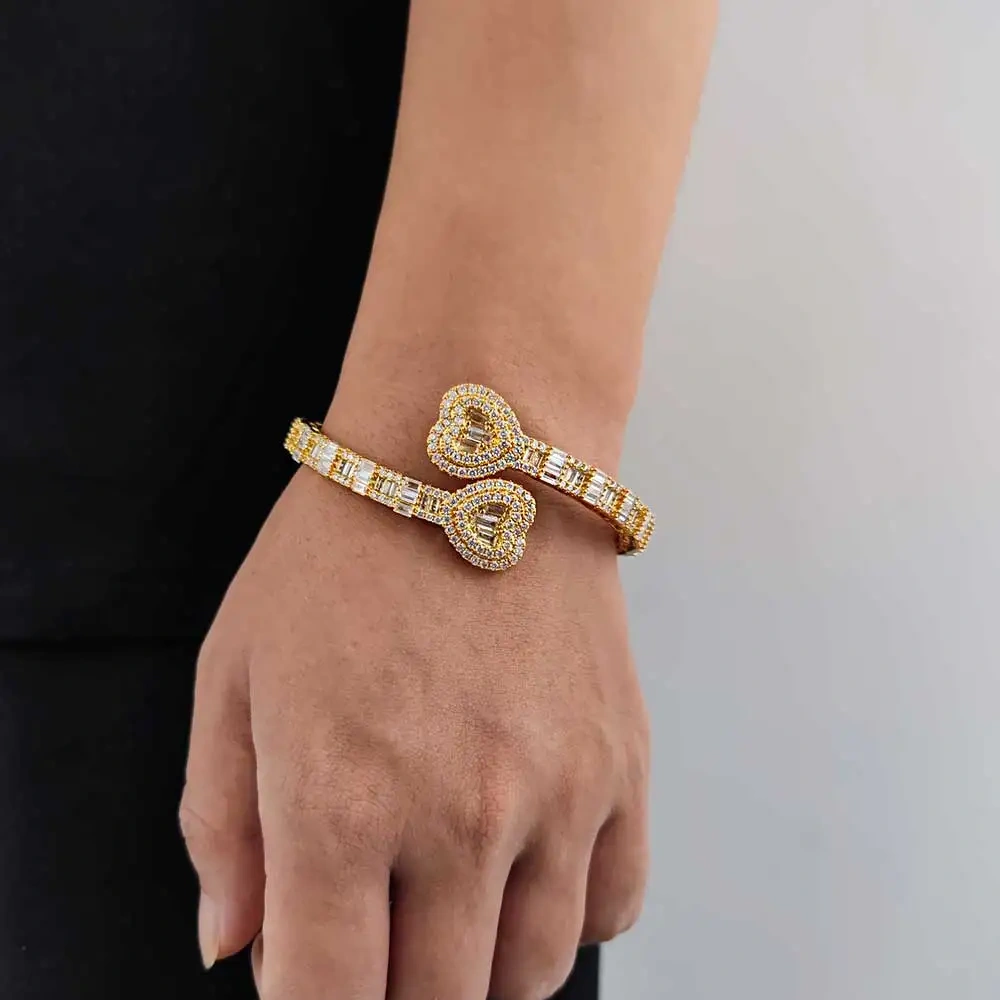 Men Hip Hop Iced Out Bling Luxury Heart Women Rectangular Drill CZ Cubic Zirconia Bangles Bracelet