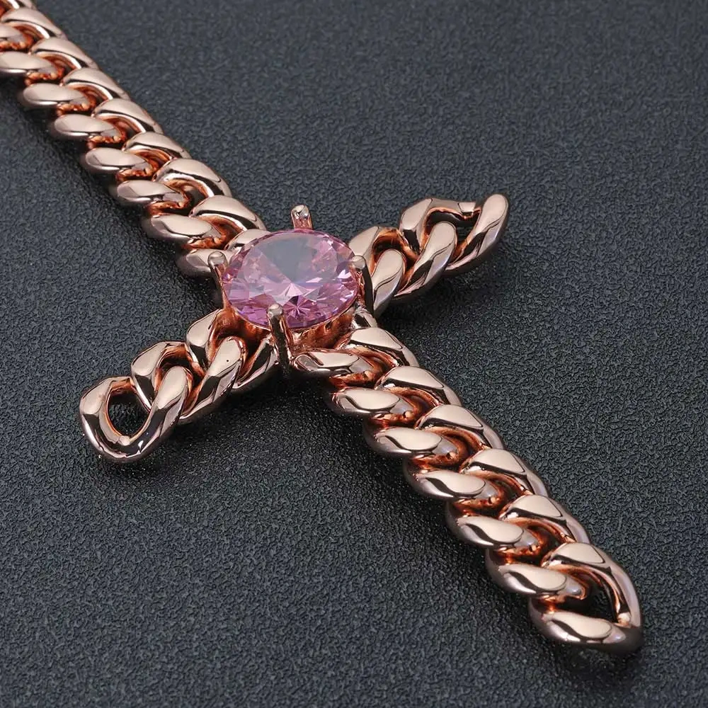 Hip Hop 16mm Big Pink Brass CZ Cross Pendant Jewelry Rose Gold Plated Stainless Cuban Chain Custom Necklace