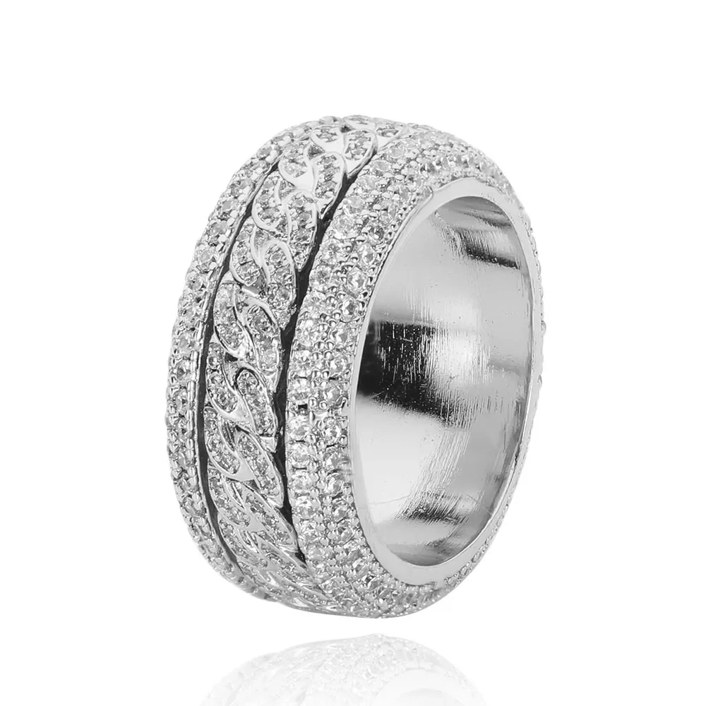 Hip Hop Iced Cuban Link Spinner Ring Micro Paved Brass Zircon Rotatable Cuban Link Ring for Women Fashion Jewelry