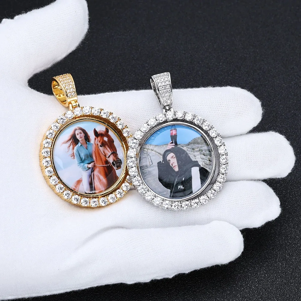 Custom Photo Necklace For Men Rotating Double-Sided Medallions Spinning Pendant Bling Iced Out Hip Hop Jewelry