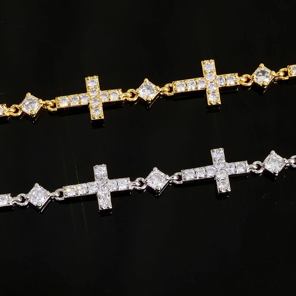 ESKEEM Luxury Gold Plated 5MM Iced Out Chain Bracelet Elastic Clasp Small Cross Design Bling Zircon Stones Fine Jewelry