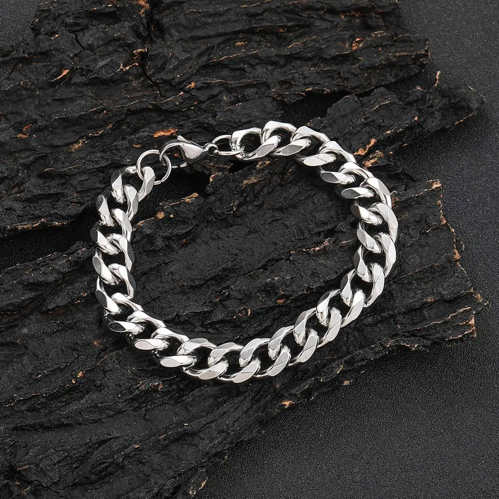 11MM Width Hip Hop Jewelry High Polished Stainless Steel 6 Sides Cut Miami Cuban Link Chain 7-9inch Bracelet for Men Women