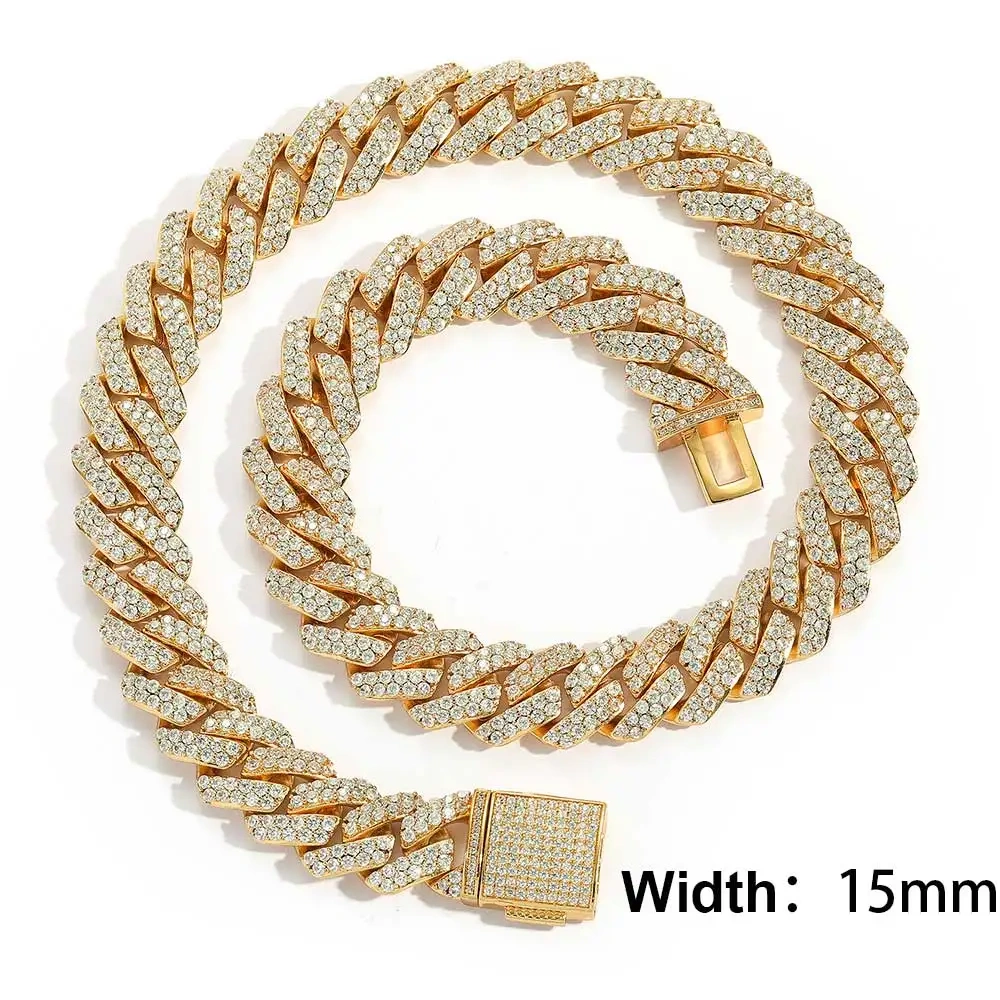 Drop Shipping Hip Hop Cuban Link Chain Necklace Silver/18k Gold Plated 10/12/14/15/20mm Iced Out Diamond CZ Gift for Him/Her