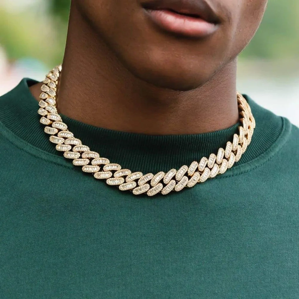 15mm Cuban Link Inlaid Prong Bing CZ Cubic Zircon Men Luxury Necklace Rectangle&Round Mix Iced Out Hip Hop Chain