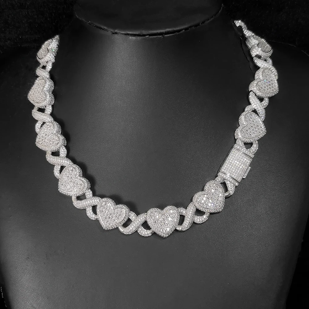 ESKEEM Women's 15mm White Gold Plated Cuban Link Choker Iced out Jewelry Bling Zircon Heart infinite Link Chain Necklace