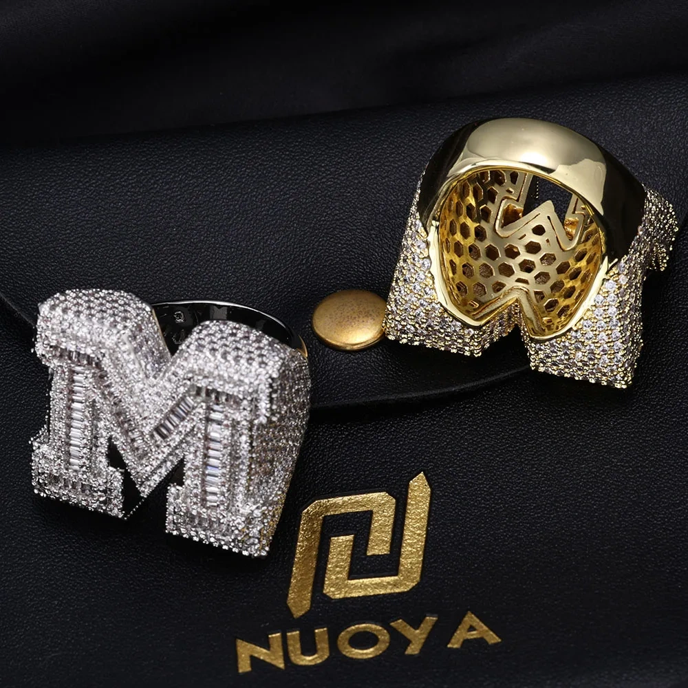 Best Quality Brilliant Rectangle Iced Out M Ring For Men Hip Hop M Initial Letter Round Cut Diamond Ring For Unisex jewelry