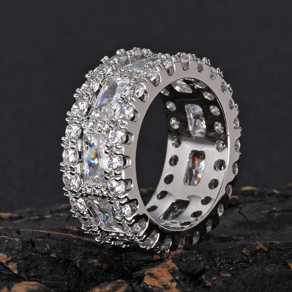 10mm Cubic Zirconia Cuban Rings Brass Prong Setting T-shaped DiamondCZ Iced out Ring Jewelry For Women Men Gift
