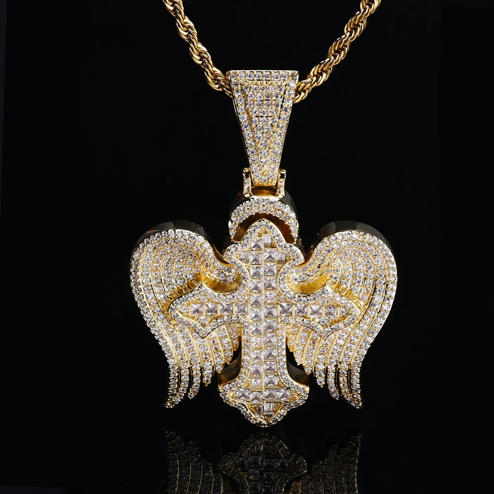 Hip Hop Sparkling Ice Flower Zircon Cross Wings Pendant Full Diamond Cross Pendant Necklace Accessories Men Women Jewelry