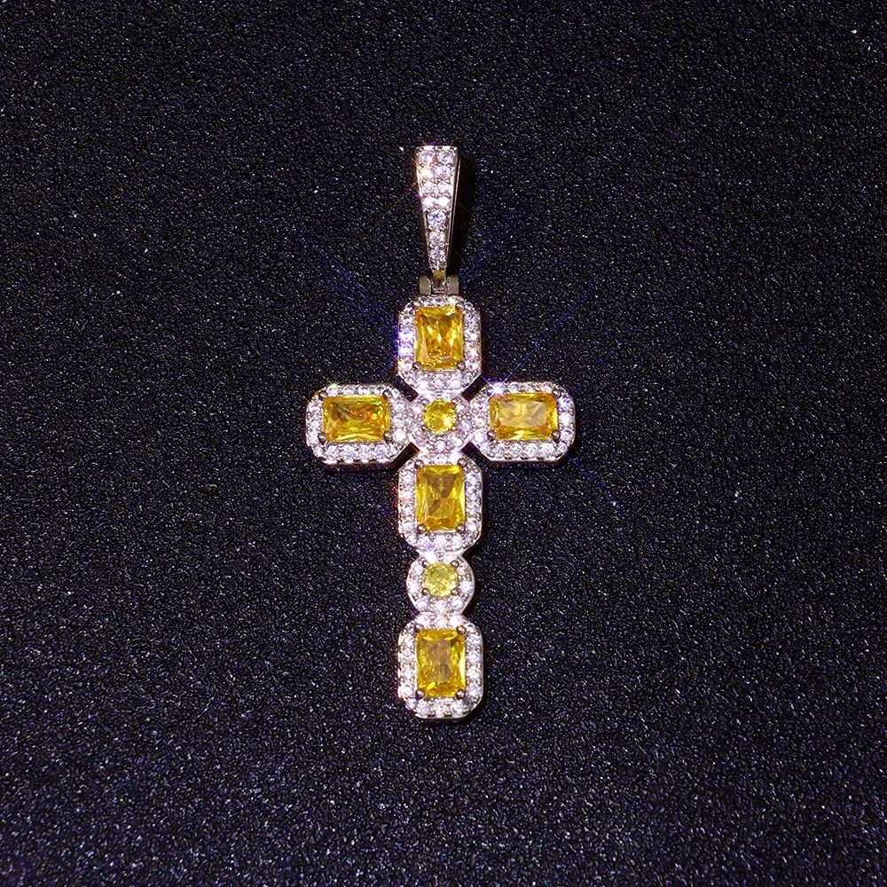 ESKEEM New Arrival Hip Hop Bling Yellow CZ Diamond Cross Pendant Yellow Baguette Gemstone Cross Necklace for Women Men