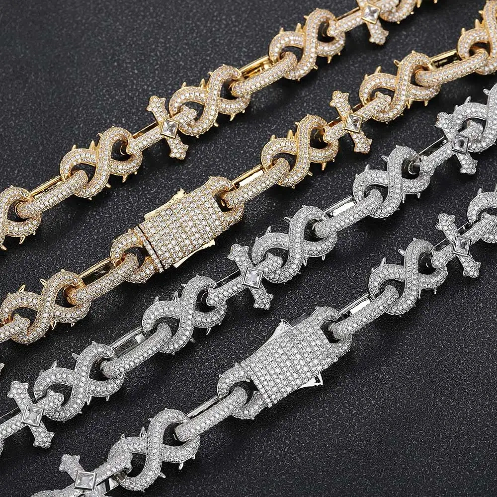 Hip Hop Jewelry High Quality Removable Cross Infinity Diamond Cuban Link Chain 18k Gold Plated Iced Out Box Lock Necklace 18MM