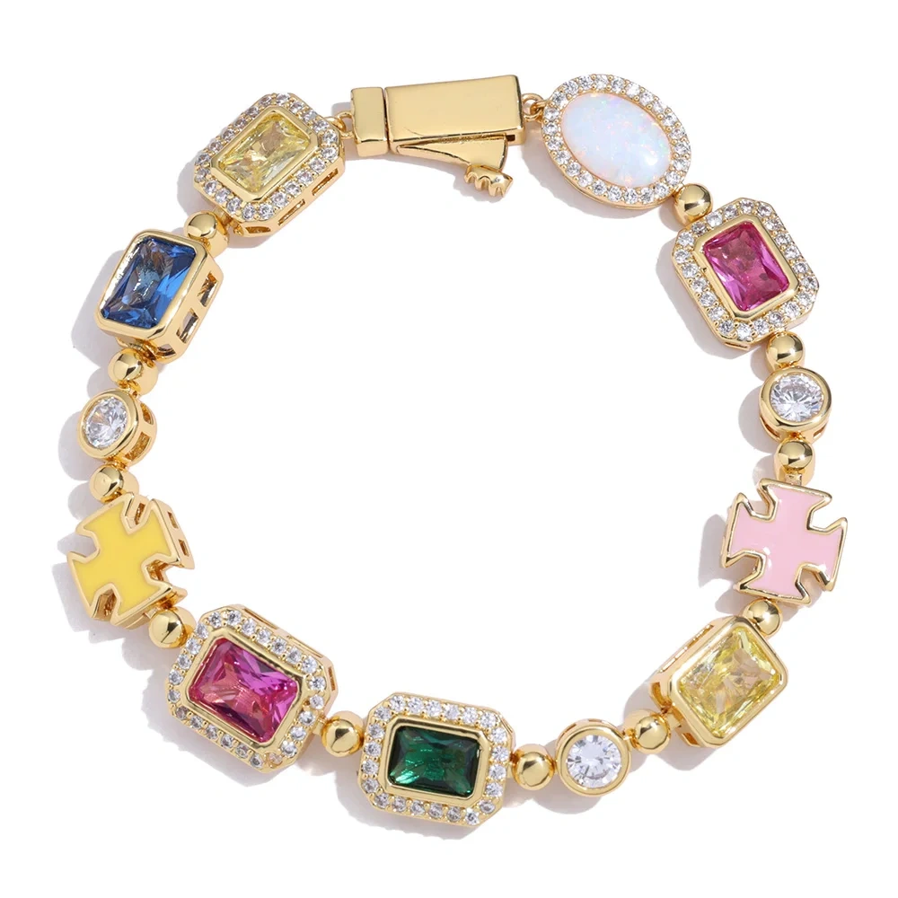 ESKEEM 10mm Pink/yellow/Bluw Multi Color Enamel Bling Cz Stone Chain Cross Geometric Gemstone Motif Iced Out Opal Chain Necklace