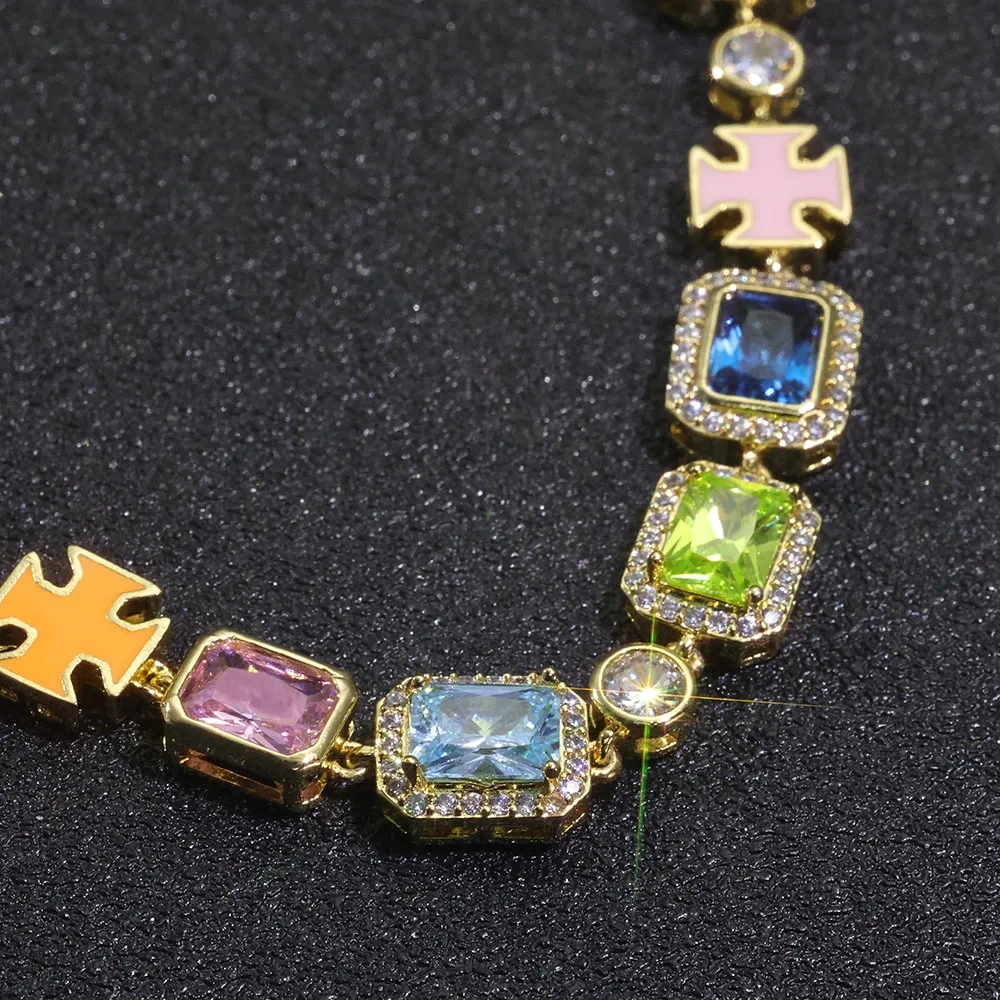 ESKEEM Gorgeous Enamel Necklace Mixed Gemstone Cross Tennis Design Exquisite Zircon Colorful Adjustable Necklace for Women Men