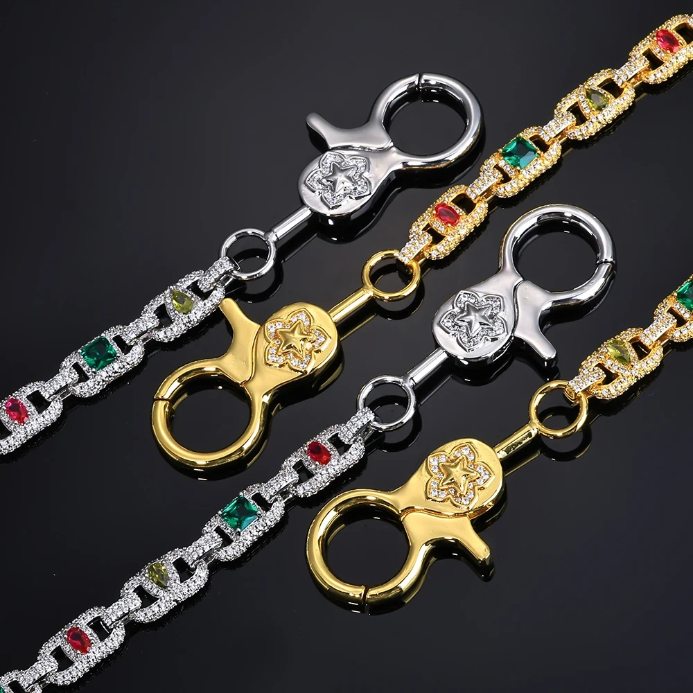 ESKEEM Custom Iced Out Diamond Keychain Mixed Inlaid Colorful Zircon Charm Hip Hop Wallet Jeans Link Big Clasp Jewelry
