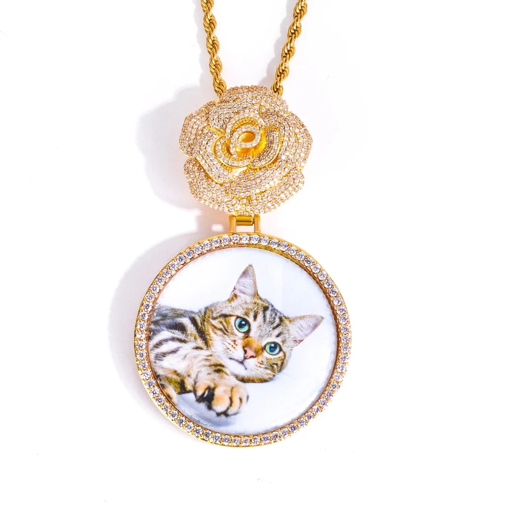 Customizable HipHop Rose Flower Bail Medallion Jewelry Personalized DIY Photo Memory Pendant 45/68mm Circle Picture Chain Gift