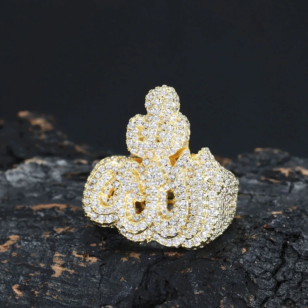 Hiphop Fashion Jewellery Women Allah Design Ice Out Ring With Crown Brass CZ Diamonds bague hommes 18K Gold Plaed