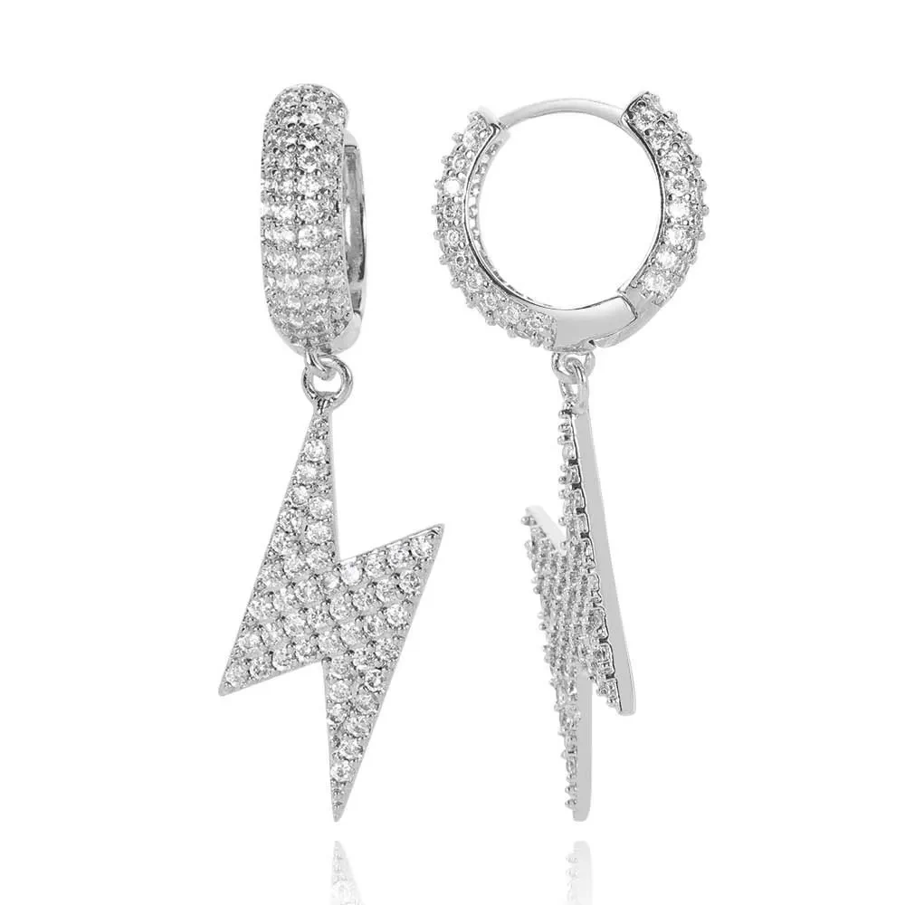 Iced Out Lightning Jewelry Hip Hop For Men Bling Hoop Drop Earrings