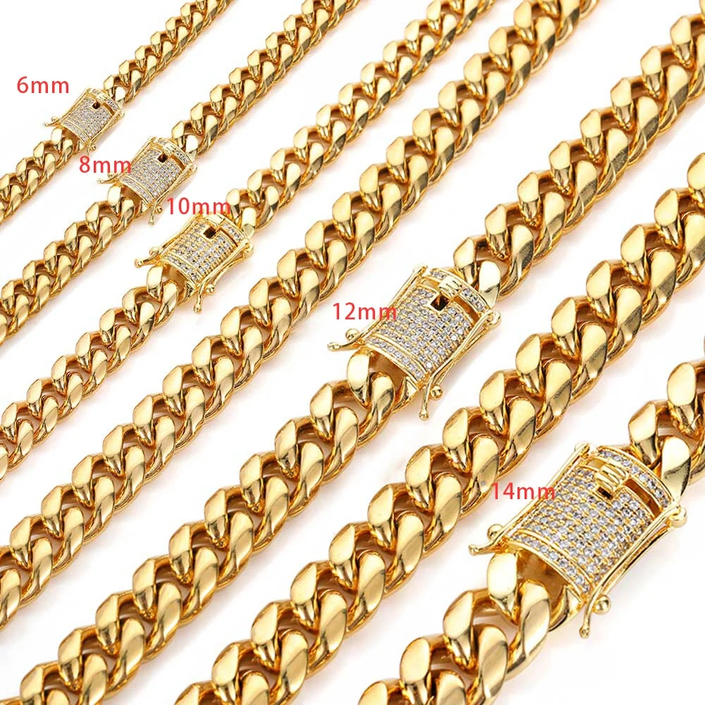 6/8/10/12/14/16 MM Width Hip Hop Three Times Plated Stainless Steel Jewelry Iced Clasp Miami Cuban Link Chain Necklace For Men