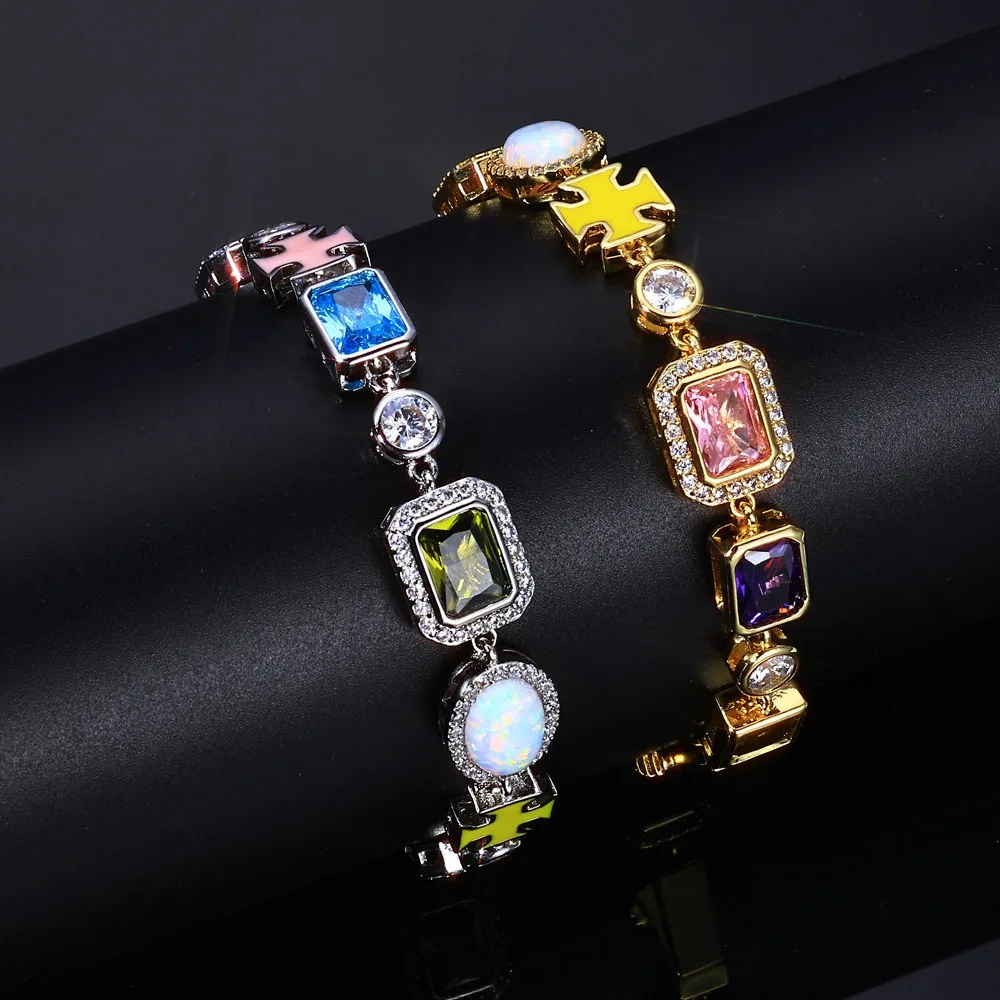 ESKEEM Rainbow CZ Diamond Necklace Multi Color Enamel Cross Design Iced Out Geometric Gemstone Chain Hip Hop Jewelry for Women