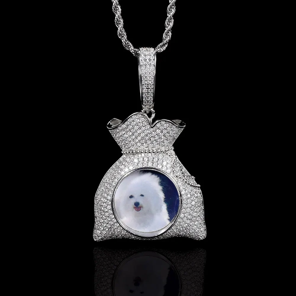 Custom Iced Out Bling Memory Photo Jewelry Money Bag Personalized Medallions Picture Necklace Hip Hop Pendant