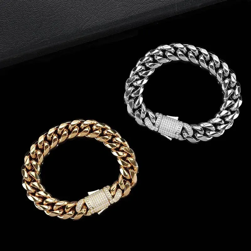Hip Hop Stainless Steel Bracelet Bling CZ Clasp Jewelry for Men Designs Cuban Link Bracelet Free Custom Logo Drop Shipping