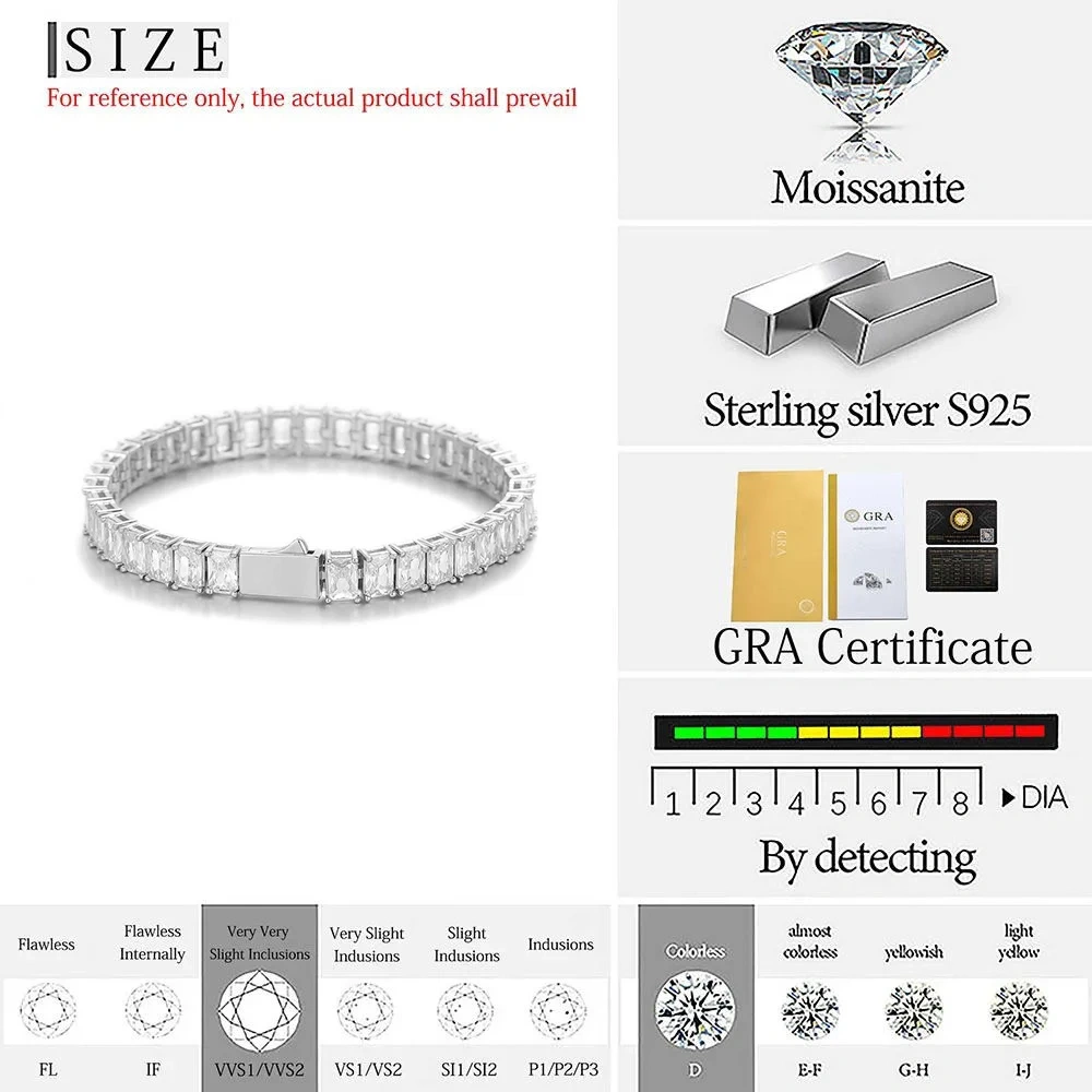 Men Jewelry 6mm VVS Moissanite Diamond Clustered Tennis Necklace White Gold Plated 925 Sterling Silver Tennis Chain Bracelet