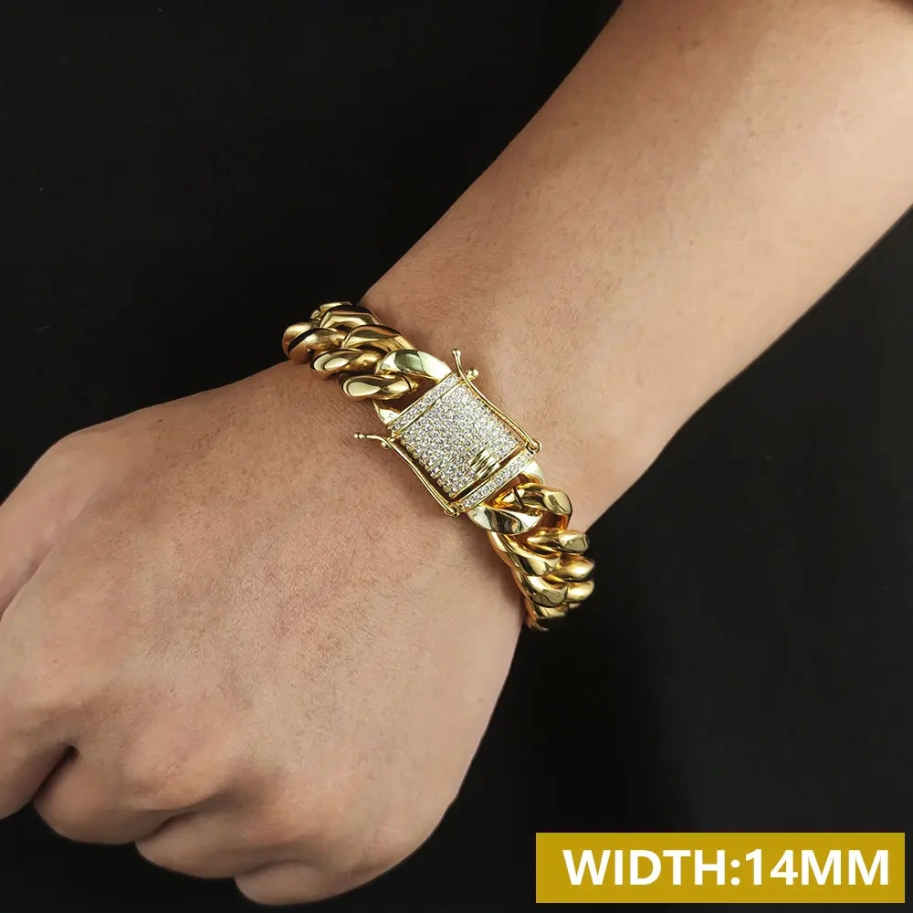 6/8/10/12/14/16MM Hip Hop Rock Zircon Clasp Cuban Bracelets For Men Stainless Steel Jewelry