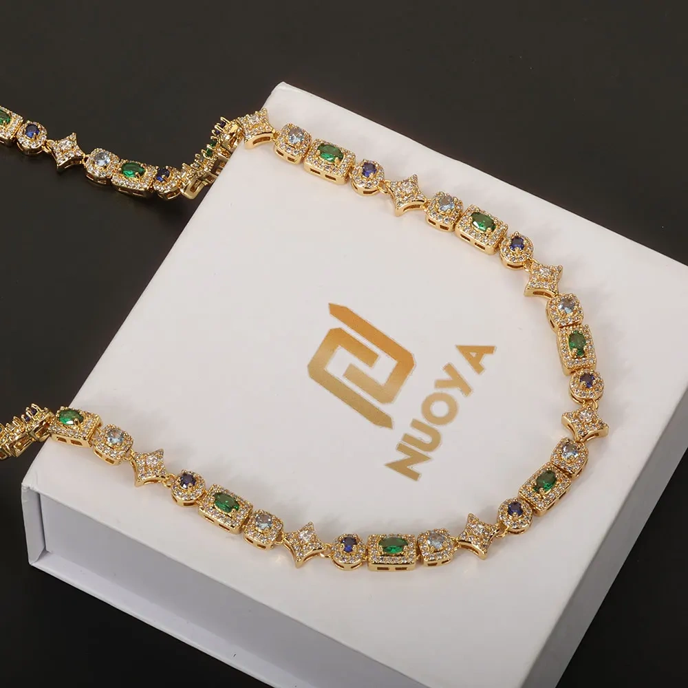 6MM Colorful Rectangle Tennis Chain Necklace 18k Gold Plated Brass Green/Blue Iced Out Choker Women Gift