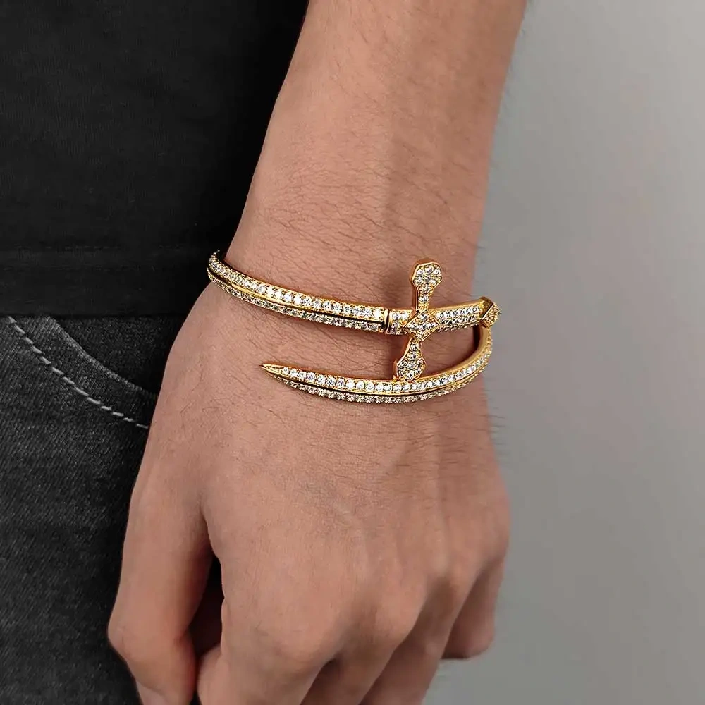 New Design Full Iced Sword Shape Bracelet Bling Brass Zircon 18K Gold Plated Bangle Fashion Women Man Jewelry