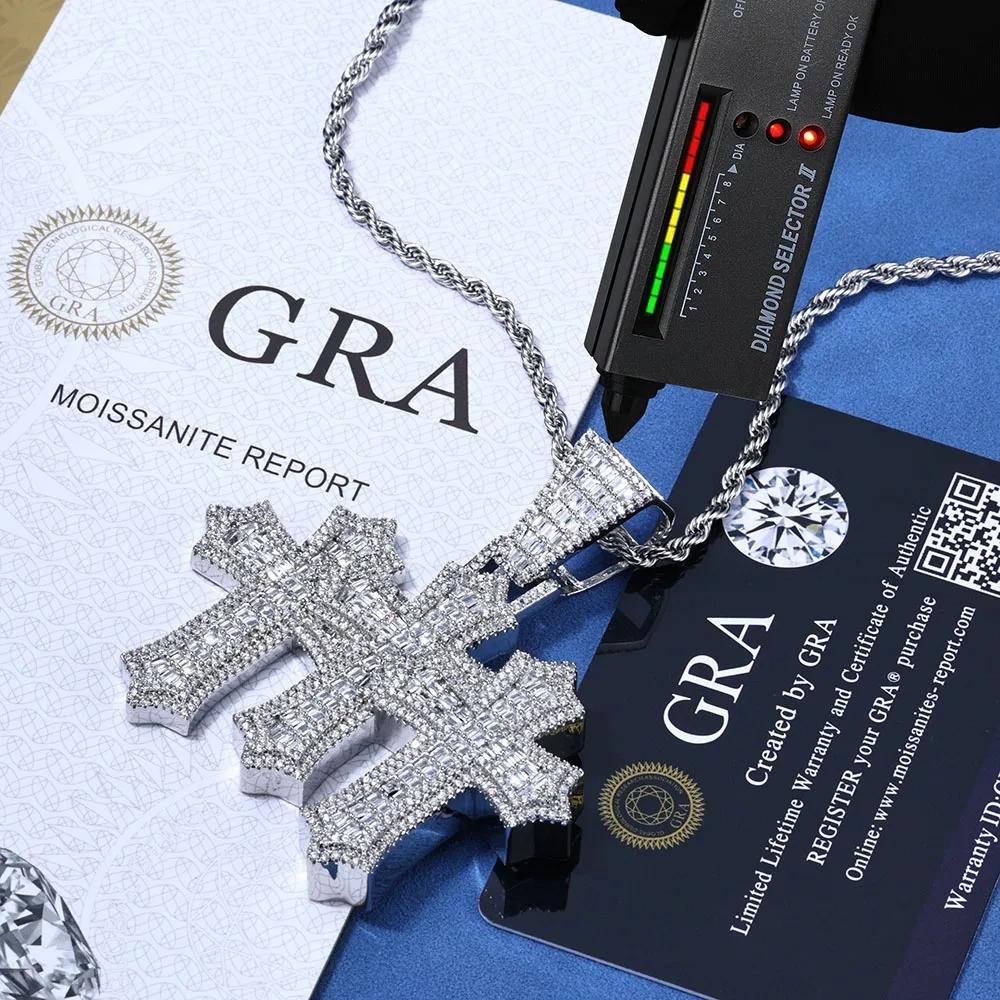 Real VVS Moissanite Three Crosses Pendant S925 Silver Iced Out for Men Women Hip Hop Jewelry  Round Rectangle Moissanite Pendant