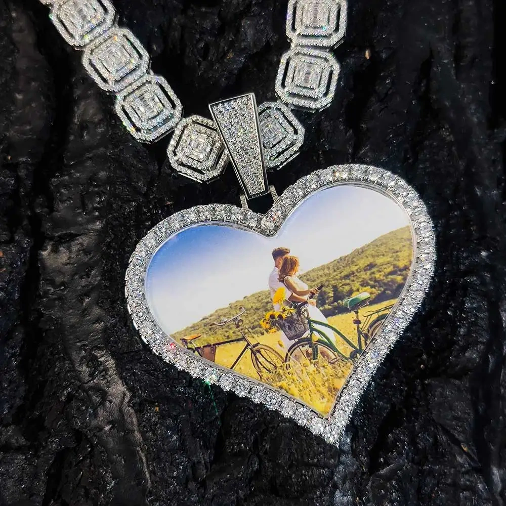 66mm Personalized Custom Big Heart Photo Pendants Bling Diamond Memarial Picture Necklaces Women Men Hip Hop Jewelry Gift