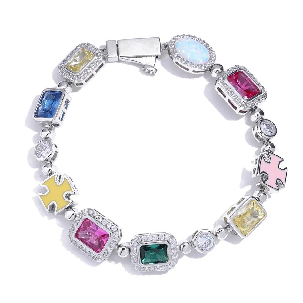 ESKEEM 6/7/10/15mm Iced Out Colorful Gemstones Chain Necklaces for Women Men Fashion Jewelry Enamel Cross Bracelet