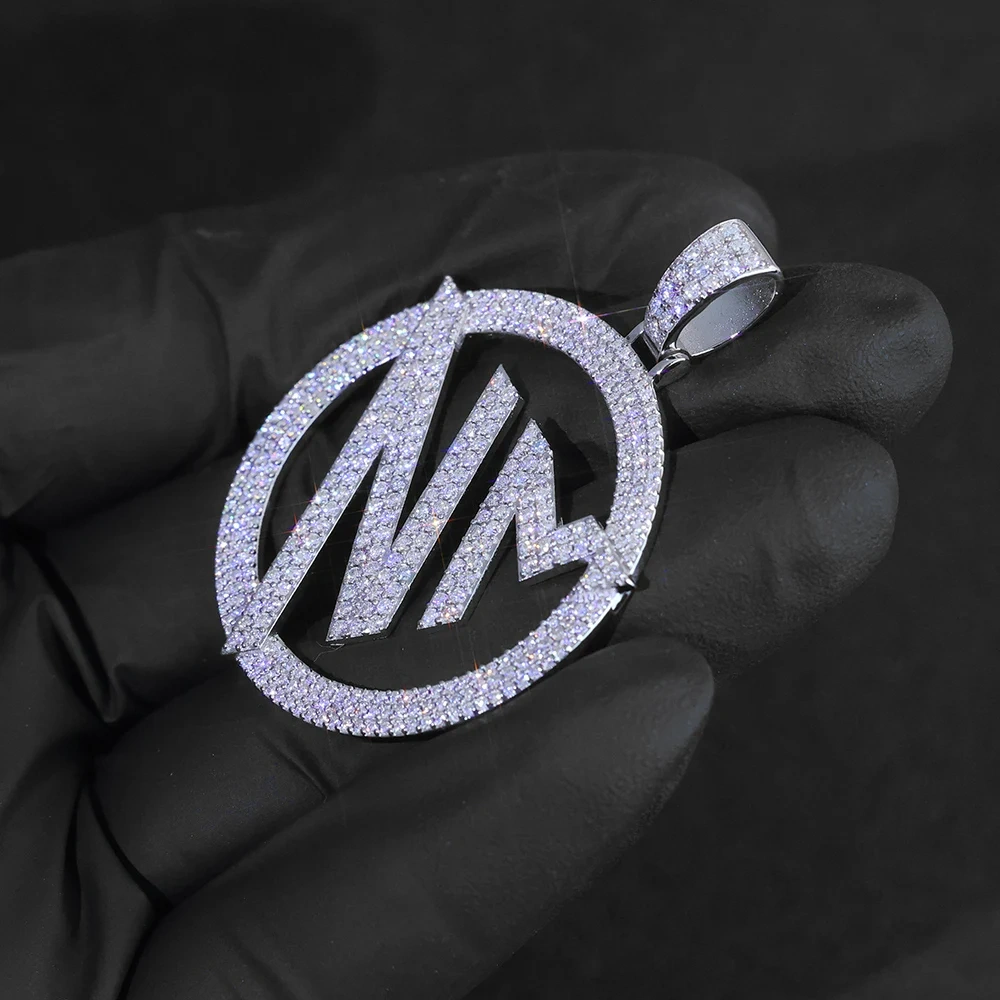 Hiphop Custom Iced Out Hollow Logo/Letter Pendant 925 Sterling Silver VVS Moissanite 40mm Round Pendant Necklace For Women Men