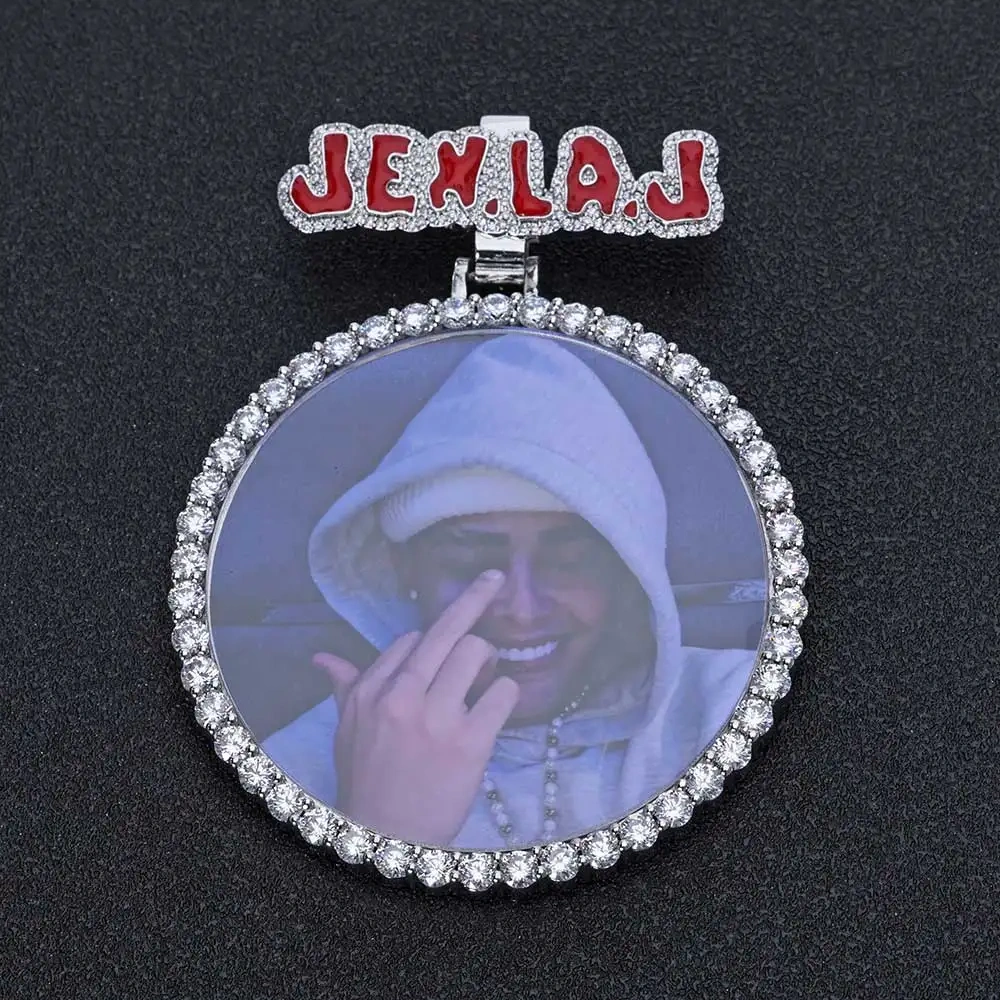 Custom Letter Diamond Bail 68mm Big Circle Photo Pendant Men Women Hip Hop Memory Picture Charm Necklace Jewelry Birthday Gift