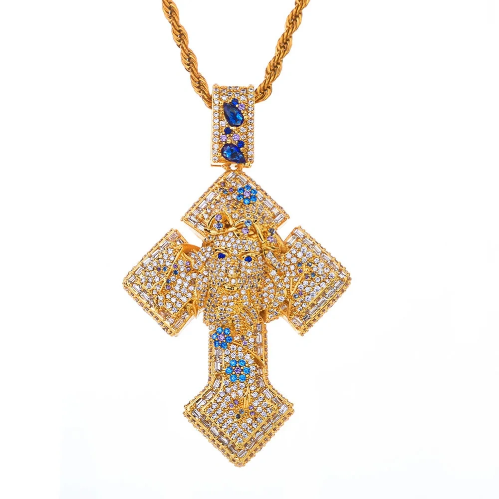 ESKEEM Micro Paved Barbed Wire Iced Jesus Cross Pendant Hip Hop Men Colorful Jesus Head with Vine Cross Charm Necklace