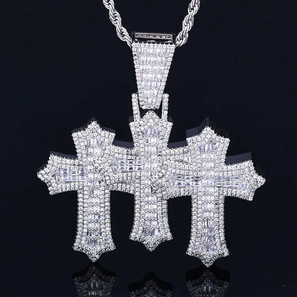 ESKEEM High Quality 3-in-1 Micro Pave Bling Baguette Cubic Zirconia Cross Pendant Silver Gold Plated Brass Diamond Charm Pendant