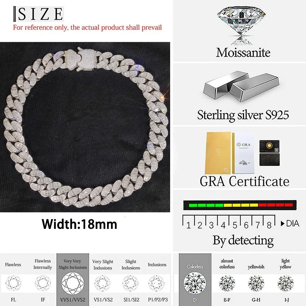 New Arrival Men Hip Hop Jewelry 18MM Special Clasp Solid Silver 925 Custom VVS Moissanite Diamond Cuban Link Necklace