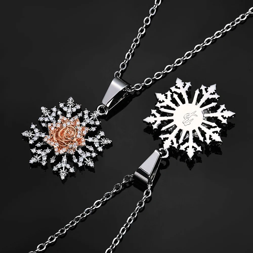 ESKEEM Fashion Christmas Jewelry Sparkling Snowflake Pendant With Roses Flowers Full Diamond Pendant Necklace Jewelry Present