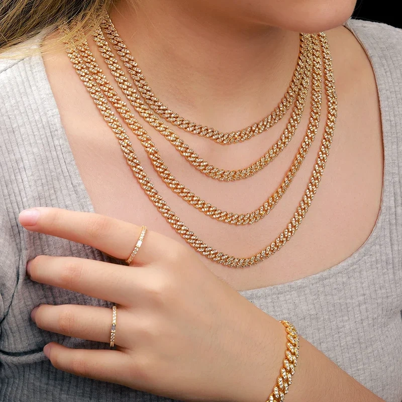 Hip Hop Luxury 6/8mm Cubic Zirconia Necklace Jewelry Women Iced Out Miami Prong 1 Row Cuban Link Chain Necklace