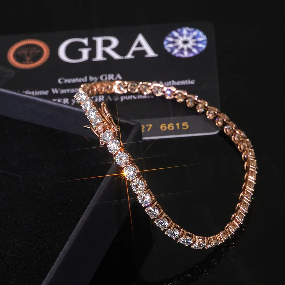 Sparkling VVS Moissanite Tennis Chain Necklace 925 Silver Rose Gold Plated Iced Out Round Cut Jewelry Gift for Women Anniversary