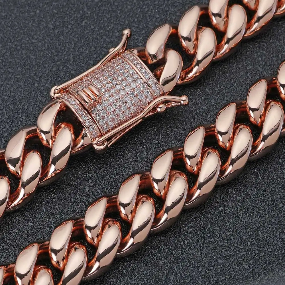 Hip Hop 16mm Big Pink Brass CZ Cross Pendant Jewelry Rose Gold Plated Stainless Cuban Chain Custom Necklace