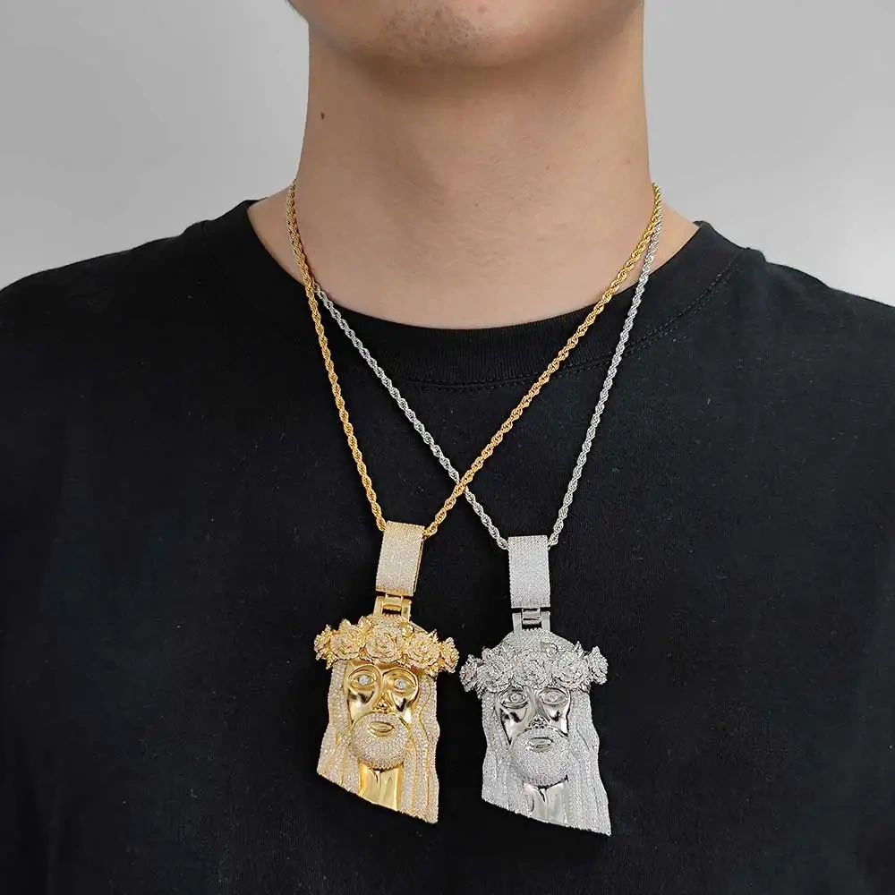 Hip Hop Style Iced Out Diamond Jesus Pendant with Rose Custom Jewelry Gold Silver Plated Jesus Religious Christian Pendant Gift