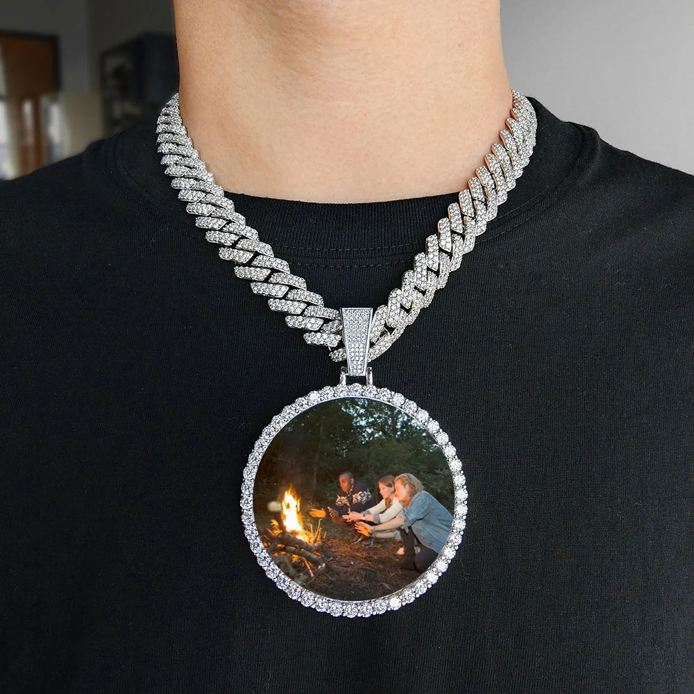 ESKEEM Big Circle Photo Medallions Chain Pendant Iced Out Men Hip Hop Memory Picture Pendant Jewelry Christmas Gift