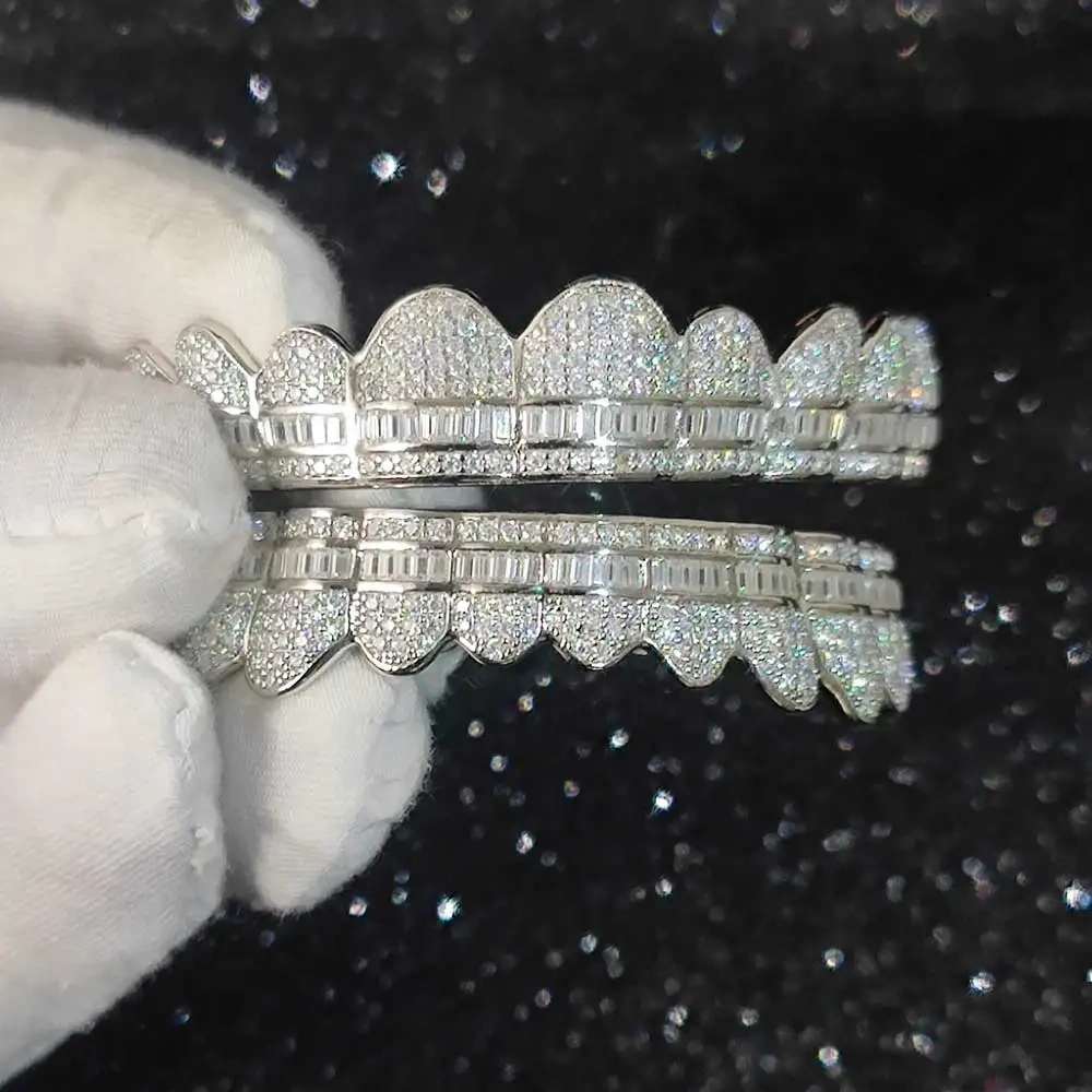 Hip Hop Grillz Teeth Iced Out Vvs Diamond Grillz Round&Baguette 925 Sterling Silver Bling Bling Custom Moissanite Grillz