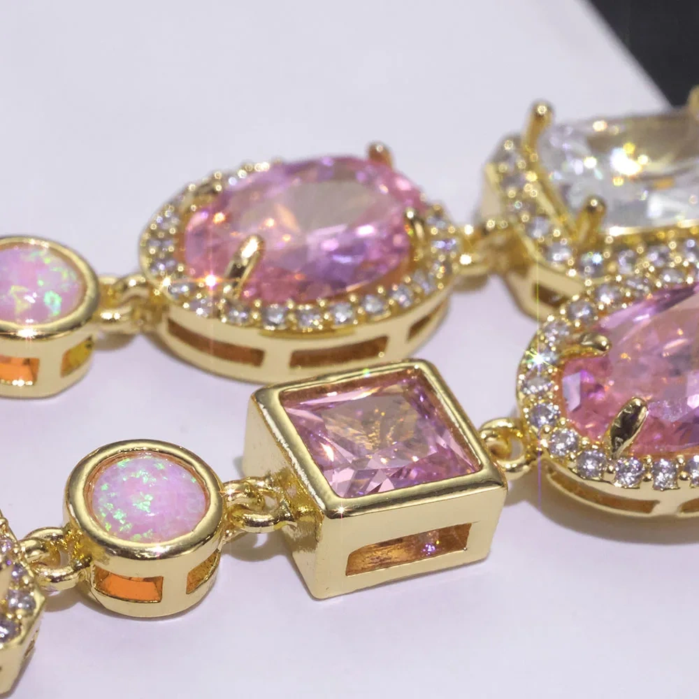 ESKEEM 10mm Opal Custom Bling Pink Cz Stone Chain Silver Gold Plated Necklace Geometric Gemstone Motif Iced Out Link Chain