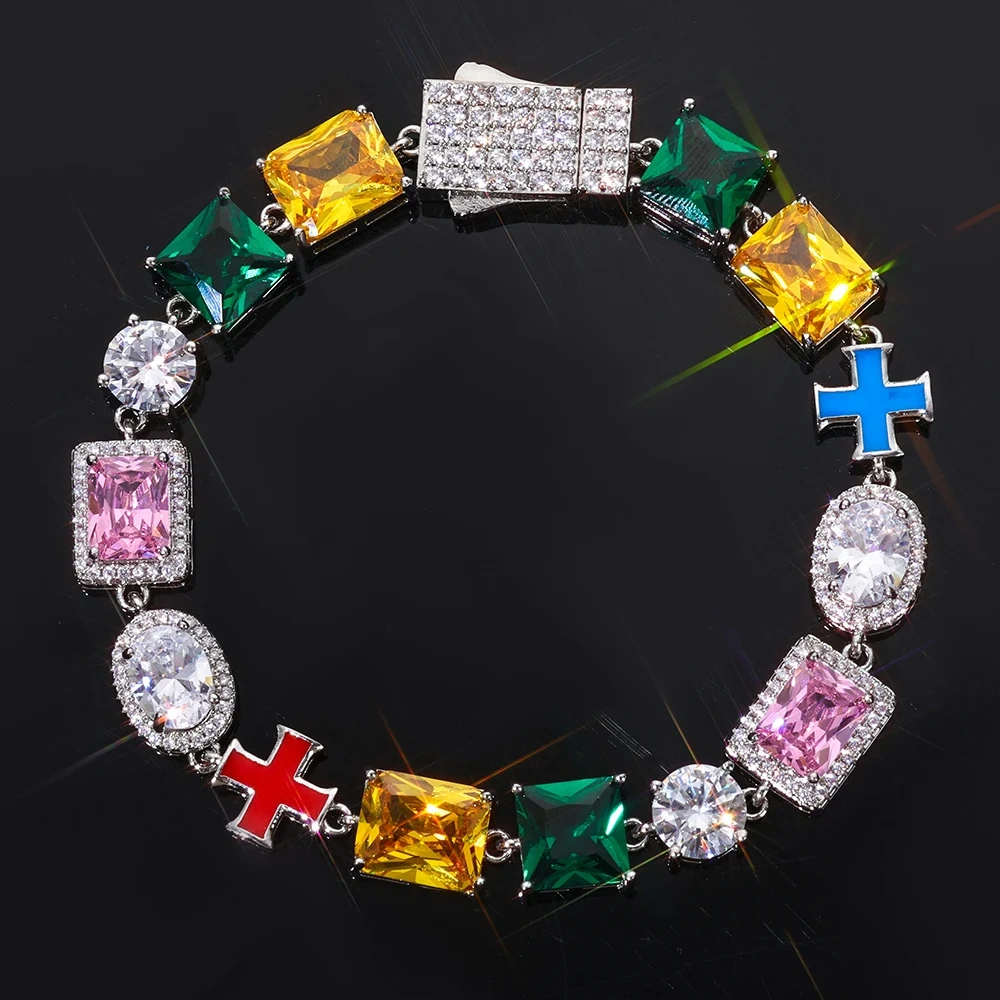 ESKEEM Hip Hop Jewelry Iced Out Multi Gemstone Bracelet Mixed Shape Rainbow Gems Cross Link Chain Fashion for Women Men