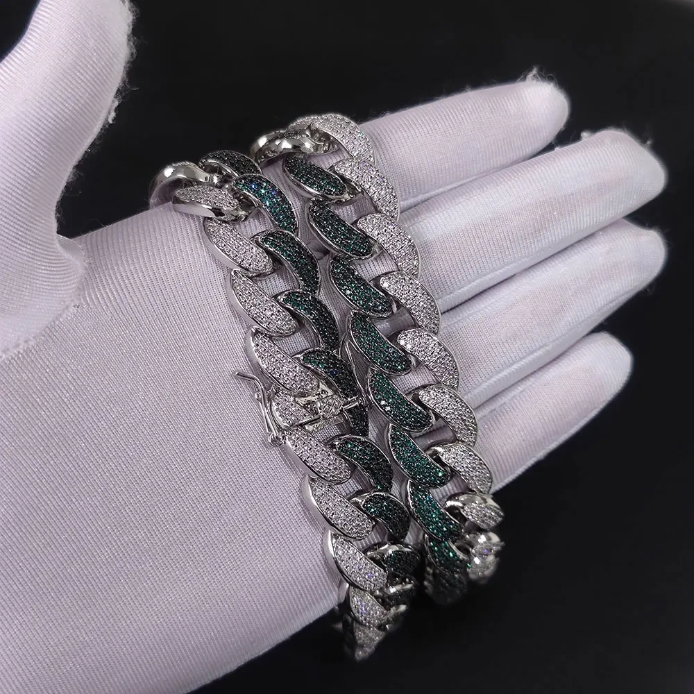 Fashion Hip Hop 18mm 3 Rows Iced Out Two Color Diamond Plated White Gold Miami Cuban Chunky Link Chain Necklace ﻿