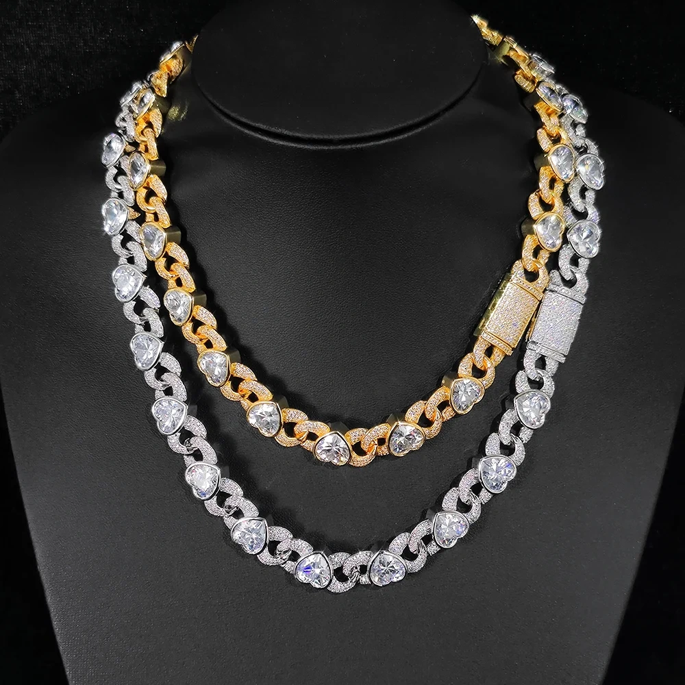 12MM CZ Miami Large Iced Out Heart Shape Cuban Link Chain Bling Hip Hop Rapper Heart Cuban Link Choker Necklace Women