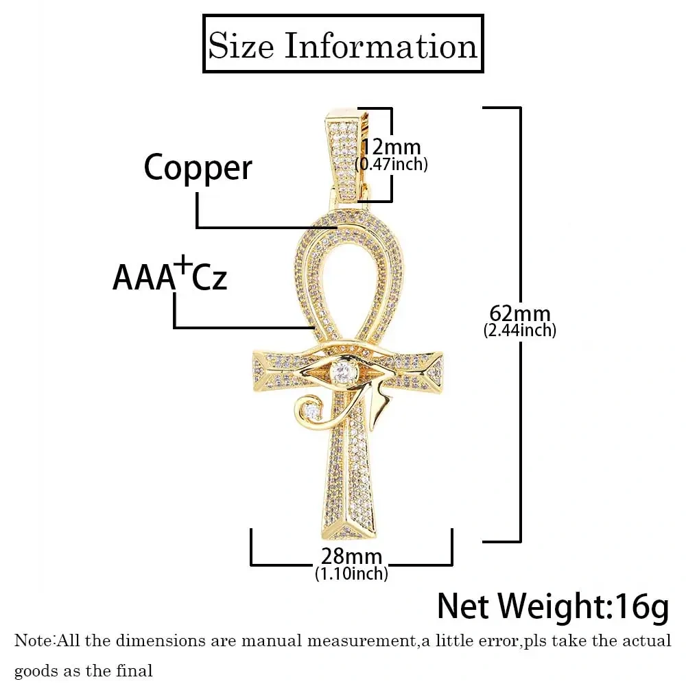 Ancient Egyptian Amulet Anka Cross Bling CZ Stone 18k Gold Color Plated Eye Of Horus Pendant Necklace For Men
