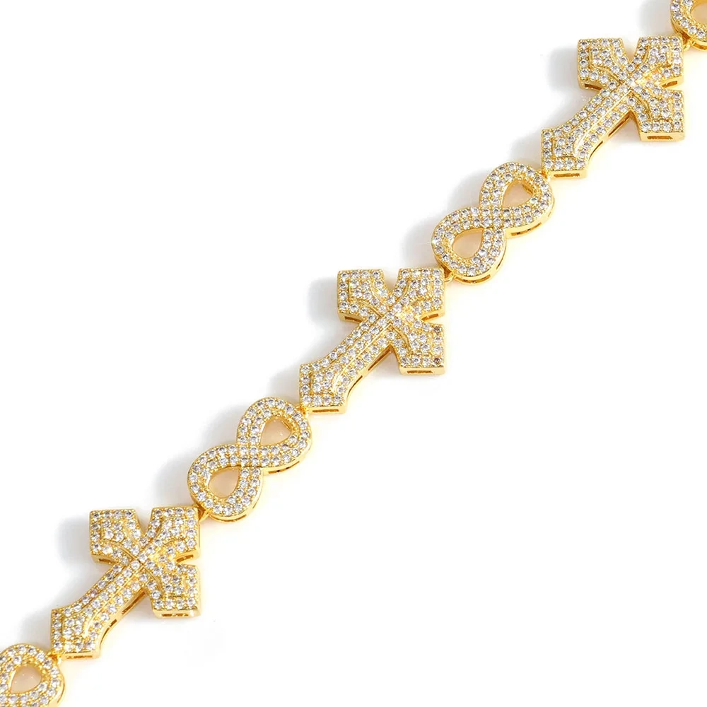ESKEEM Luxury 8MM Iced Out Diamond Chain Bracelet Gold Plated Cross 8-Character Infinite Design Bling Zircon Fine Jewelry